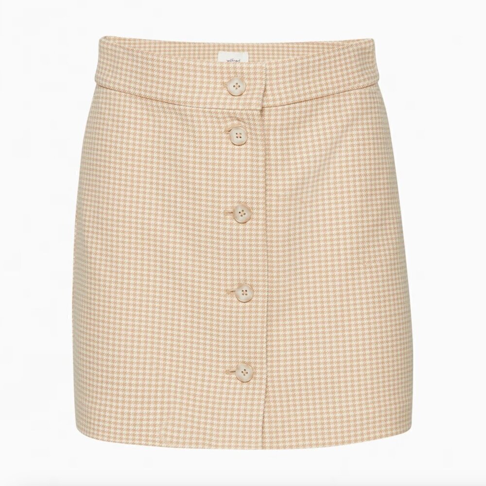 Aritzia Wilfred High Waisted Button Up Plaid Tai Skirt Beige Check Size 6